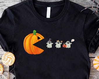 Halloween Pumpkin Eat Ghost Shirt,Funny Halloween Gift Shirt,Spooky Season Pumpkin Pac Man Shirt,Halloween Party Tee,Pumpkin Halloween Shirt