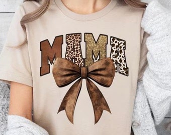 Western Cowgirl Mama Shirt, Leather Suede Bow Shirt, Howdy Mom Brown Cowhide Shirt, Mothers Day Gift, Cheetah Gold Glitter Trendy Mama Shirt