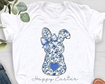 Happy Easter Shirt, Blue Floral Chinoiserie Bunny Shirt, Grand Millennial Easter Shirt, Blue Toile Easter Rabbit Shirt,Easter Coquette Shirt