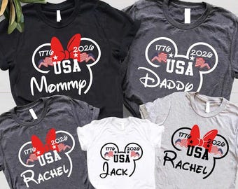 Matching Family Disney 250th USA Anniversary Shirts, Custom 1776-2026 Patriotic Tees,Personalized Mickey Minnie Ears Semiquincentennial Gift