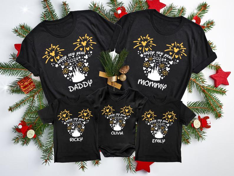 Disney Custom Name New Year 2026 Family Matching Shirts, Disney Ears Castle Fireworks Shirts, New Years Eve Party Shirts,Christmas Crew Tees