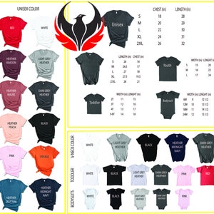 Puede incluir: Un gr&aacute;fico que muestra diferentes opciones de color y tama&ntilde;o para camisas unisex, juveniles, de ni&ntilde;o peque&ntilde;o y de body. El gr&aacute;fico incluye medidas de pecho, largo, ancho y alto en pulgadas. Las camisas est&aacute;n disponibles en una variedad de colores, incluyendo rojo, blanco, negro, gris jaspeado y rosa.