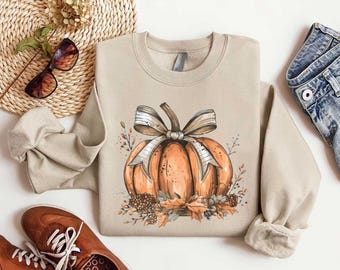 Fall Pumpkin Bow Sweatshirt, Pumpkin Sweatshirt, Halloween Gift, Fall Coquette Sweatshirt, Pumpkin Season Sweatshirt, Womens Fall Gifts