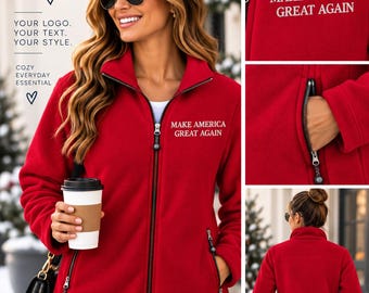 Make America Great Again Embroidered Fleece Jacket for Women, Donald Trump MAGA Zip-Up Polar Fleece, Republican Supporter Gift