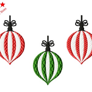 May include: Three red and white striped Christmas ornaments and one green and white striped Christmas ornament.