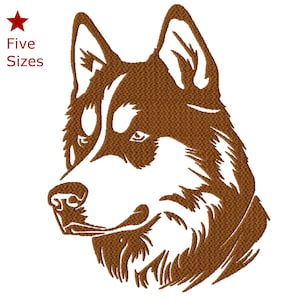 Könnte beinhalten: Braune Silhouette eines Husky-HundeKopfes mit weißen Felldetails. Der Hund schaut nach links.