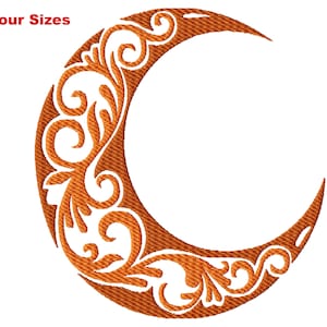 Könnte beinhalten: Ein orangefarbener Halbmond mit komplizierten floralen Mustern. Das Design ist ein sich wiederholendes Muster aus Spiralen und Blättern.