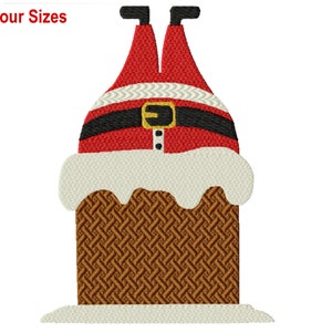 May include: Santa Claus's legs sticking out of a brown brick chimney with white snow on top. The chimney is on a white snowy surface.