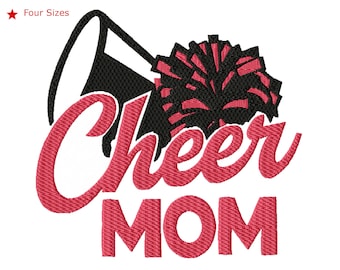 May include: Pink and black embroidery design of a cheerleading pom-pom and megaphone with the text "Cheer Mom".