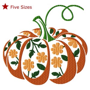 May include: An orange pumpkin with a green stem and leaves. The pumpkin is decorated with small orange flowers and green leaves.