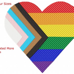 May include: A heart-shaped design with a rainbow pattern, including red, orange, yellow, green, blue, indigo, and violet. The heart is also decorated with a black, brown, light blue, pink, and white chevron pattern.