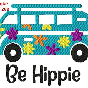 May include: A turquoise blue vintage van with a surfboard on top and colorful flowers on the side. The text "Be Hippie" is below the van.