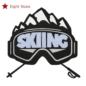 May include: Black and white illustration of ski goggles with a mountain range above them and the word "SKIING" in white letters. Two ski poles are below the goggles.