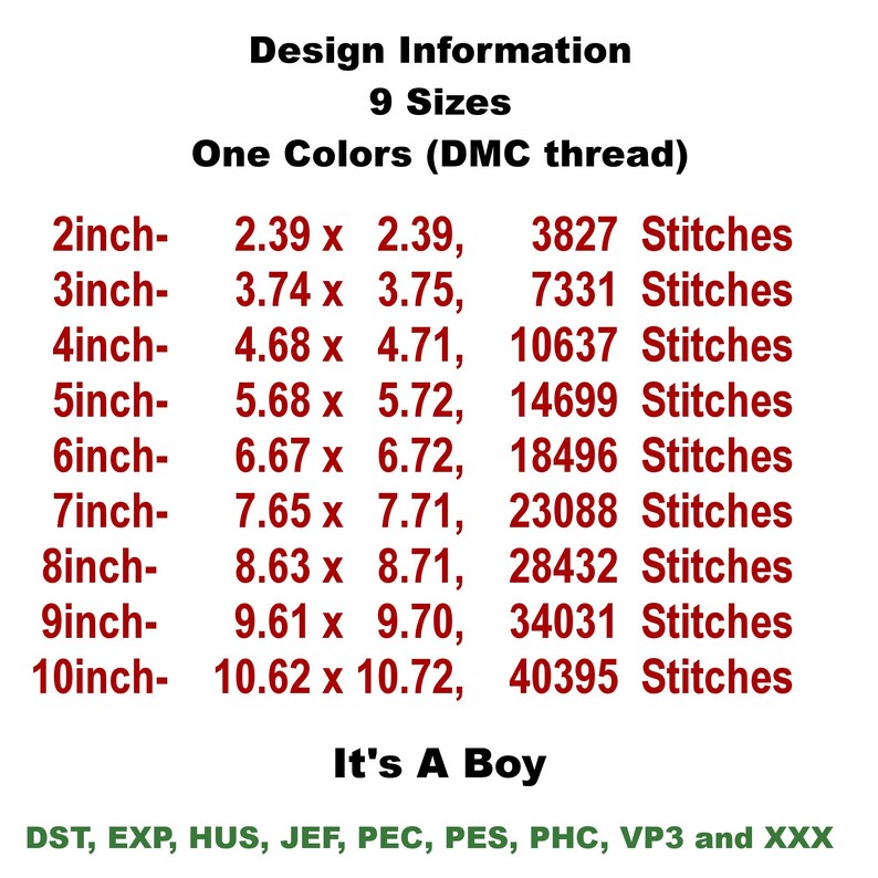 It's A Boy Machine Embroidery Design, Nine Sizes Included, Instant Download. Dst, Exp, Hus, Jef, Pec, Pes, Phc, Vp3. Xxx. Hand Digitized! image 2