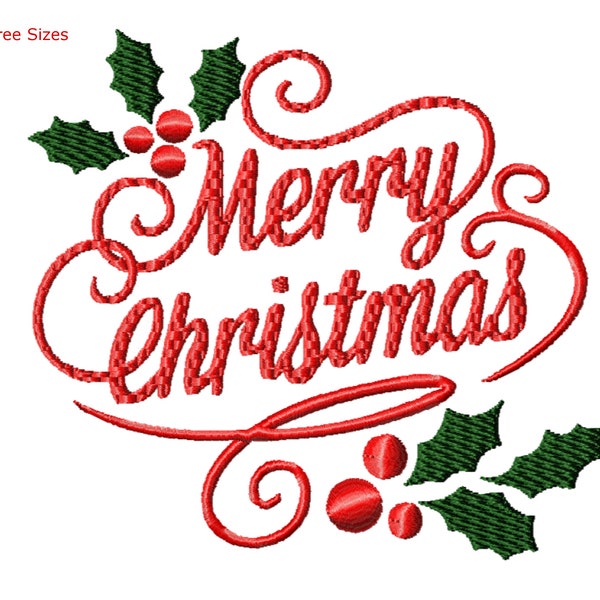 Merry Christmas Holly Machine Embroidery Design, Three Sizes Included