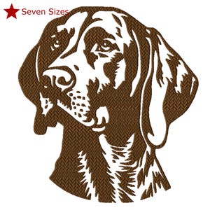 Könnte beinhalten: Braune und weiße Hunde-Kopf-Silhouette mit dem Text "Seven Sizes" und einem roten Stern. Der Hundekopf ist nach links gerichtet, mit detaillierten Gesichtszügen und einem strukturierten Muster. Geeignet für verschiedene Bastelprojekte.