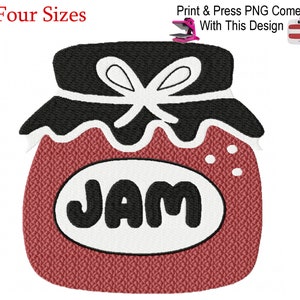May include: Red and white embroidery design of a jar of jam with a black lid and a white bow. The jar has the word "JAM" written in black on a white oval.
