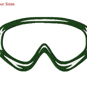 May include: Green ski goggles with a white outline. The goggles are designed for winter sports.