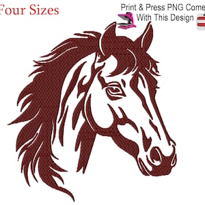 May include: A maroon silhouette of a horse's head with a flowing mane. The image is on a white background.