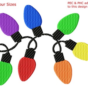 May include: A string of colorful light bulbs in red, orange, yellow, green, blue, and purple. The bulbs are connected by a black cord. The text "Four Sizes" is in the top left corner of the image.