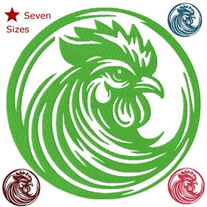 May include: Green embroidered design of a rooster's head in a circle. The rooster's head is facing the right side of the image.
