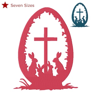 May include: A pink Easter egg silhouette with a cross inside and bunnies surrounding it. The egg is outlined with a leafy design.  The text "Seven Sizes" is in red at the top of the image.