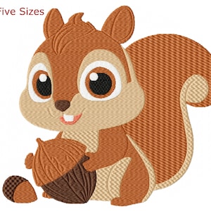 May include: A cartoon squirrel with brown and tan fur, holding a large acorn. The squirrel has big eyes and a smiling expression. The text "Five Sizes" is in the upper left corner.