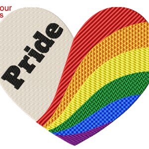 May include: A white heart with the word "Pride" in black text, with a rainbow arc in the shape of a heart behind it.