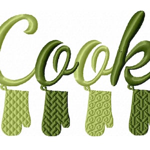 以下が含まれることがあります： 緑色の筆記体で「Cook」と書かれた文字と、その下にぶら下がっている緑色のオーブンミット4つ