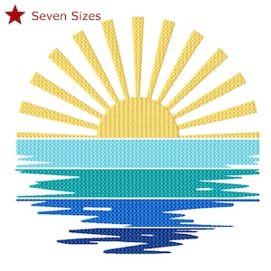 May include: A yellow sun with rays rising over a blue, green, and turquoise ocean. The sun is reflected in the water.