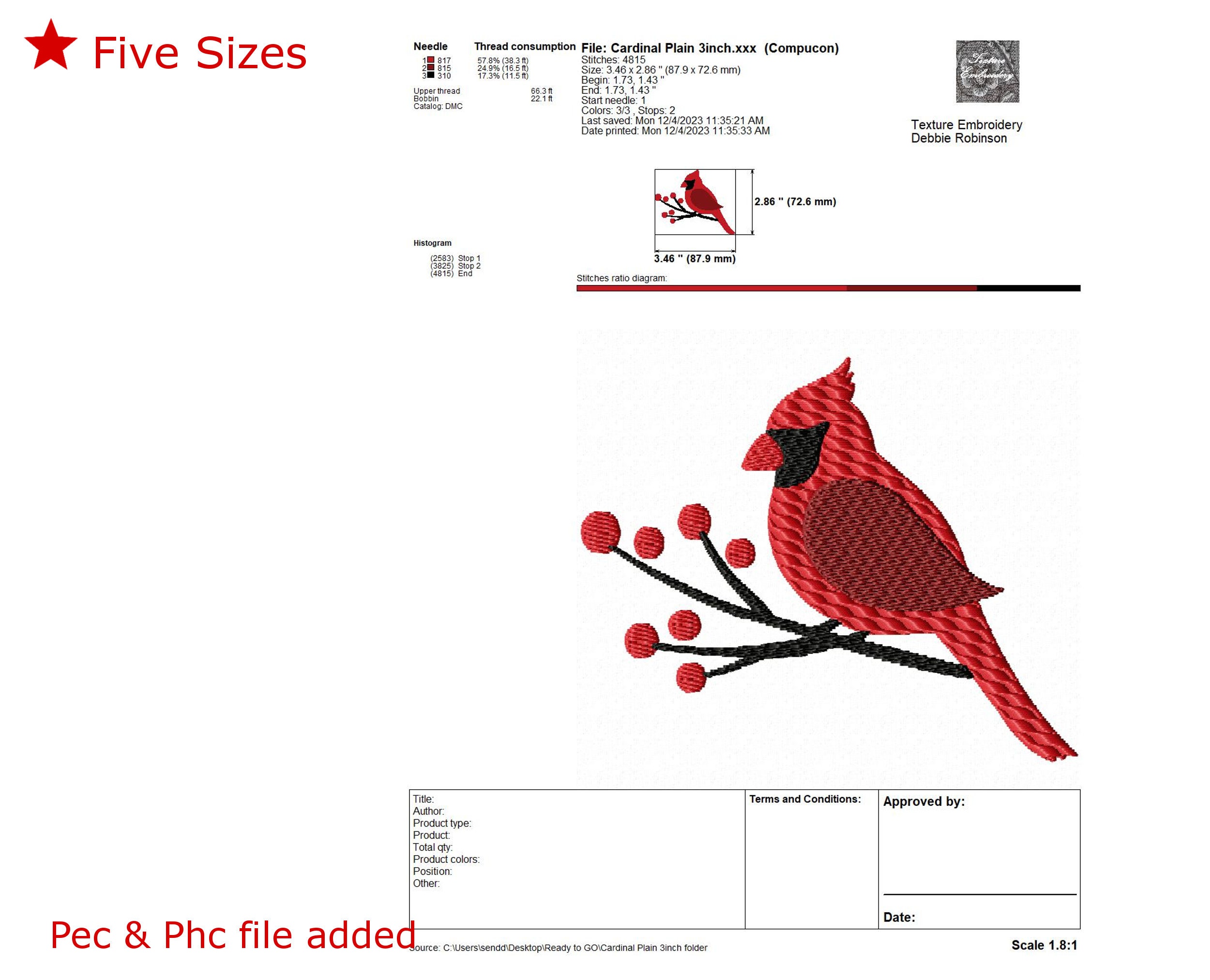 Cardinal Machine Design Cardinal Plain Machine Embroidery Design, Five Sizes Included, Instant ...
