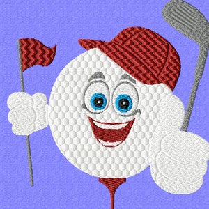 May include: A white golf ball with a red hat and a happy face, holding a golf club and a flag. The golf ball is on a tee.