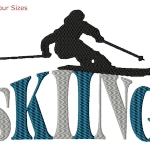 May include: A black silhouette of a skier on skis with the word "SKIING" in blue and gray text.
