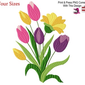 Tulpenstrauß Maschinenstickerei, vier Größen inklusive, Instant Download.  Print & Press PNG kommt mit diesem Design.
