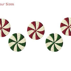 May include: Five peppermint candy designs in red, white, and green. The candy is in a circle shape with a swirl pattern.