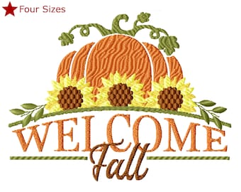 Bienvenido diseño de bordado de máquina de calabaza solar, cuatro tamaños incluidos, descarga instantánea.
