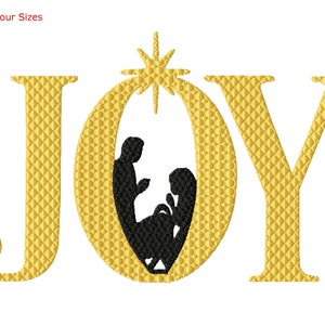 May include: Gold-colored "JOY" lettering with a stylized star above the "O". The "O" contains a silhouette of the nativity scene with Mary, Joseph, and baby Jesus.
