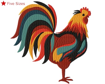 Vibrant Rooster Machine Embroidery Design, Five Sizes Included, Instant Download