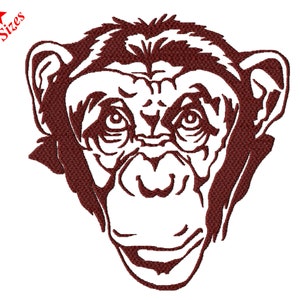 May include: A brown embroidered chimpanzee face on a white background. The design features detailed facial features. Red text in the upper left corner reads "Two Sizes". This design is suitable for clothing and crafts. The design is suitable for clothing and crafts.