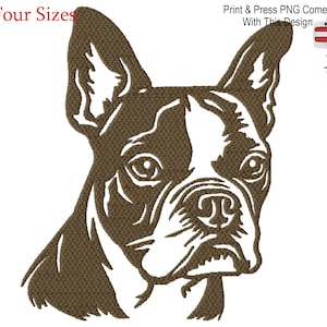 May include: Brown and white silhouette of a Boston Terrier dog head.  Print & Press PNG Comes With This Design.
