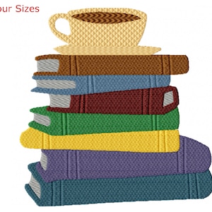 May include: A stack of six colorful books with a brown and white coffee cup and saucer on top. The books are stacked in a graduated size with the largest book on the bottom and the smallest book on top. The coffee cup is filled with brown coffee.