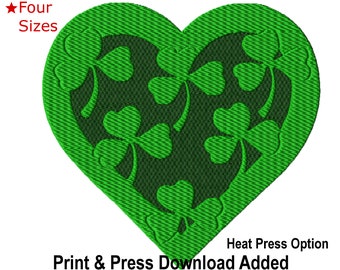 May include: Green heart-shaped design with shamrock cutouts. Print & Press Download Added. Heat Press Option.