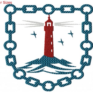 Könnte beinhalten: Ein roter Leuchtturm mit einem weißen Lichtstrahl, der auf einer blauen und weißen Welle steht, umgeben von einem blauen Kettengliederrand.