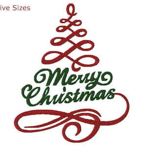 Merry Xmas Tree Machine Embroidery Design, Five Sizes Included, Instant Download.