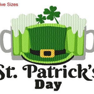 May include: Green shamrock and two green beer mugs with white foam, a green leprechaun hat with a gold buckle, and the text "St. Patrick's Day".