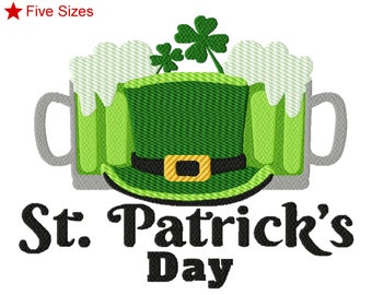 May include: Green shamrock and two green beer mugs with white foam, a green leprechaun hat with a gold buckle, and the text "St. Patrick's Day".
