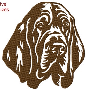 Könnte beinhalten: Eine stilisierte Illustration in Braun und Weiß vom Kopf eines Bloodhound-Hundes.