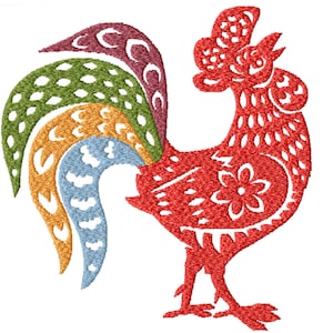 Pode incluir: Um galo vermelho com uma cauda colorida, um desenho tradicional de papel cortado chinês.
