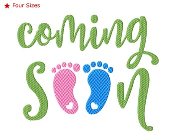 May include: Green text that says "coming soon" with two baby footprints, one pink and one blue, with a small heart in each.
