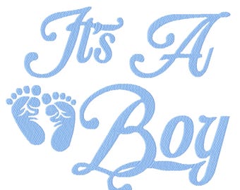 May include: It's a Boy embroidery design in light blue with a pair of baby footprints.